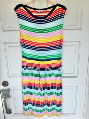 Boden Rainbow Stripe Dress Women’s US 12 Sleeveless Midi Fit Flare Pockets